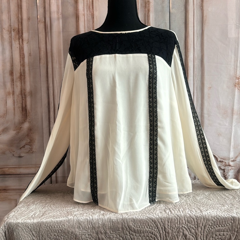 Women’s sheer blouse with black lace accents.